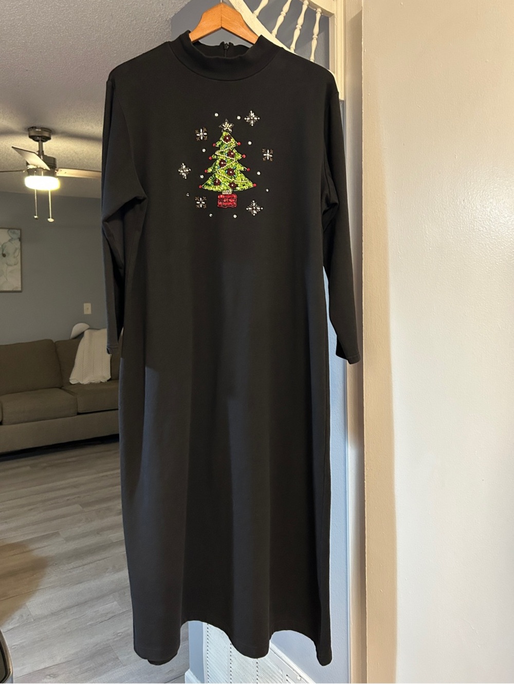 Vintage Silhouette Black Long Sleeve Beaded Sequin Christmas Tree Dress Size XL